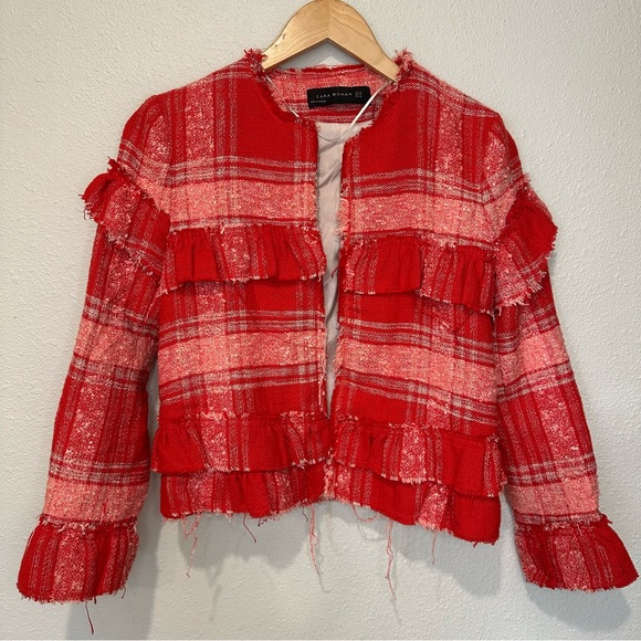 Zara Red Plaid Distressed Hem Women's Jacket - Picture 3 of 11